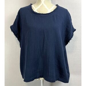 ROOTS Gauzy Cotton Top Boxy Oversized Fit Size Small Navy Blue Short Sleeve